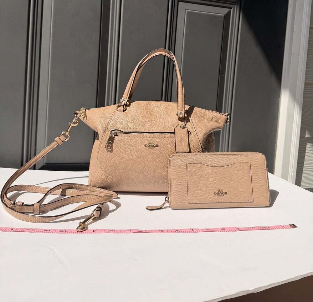 Coach Pebbled Leather Satchel Handbag And Matching Wallet Set Beige